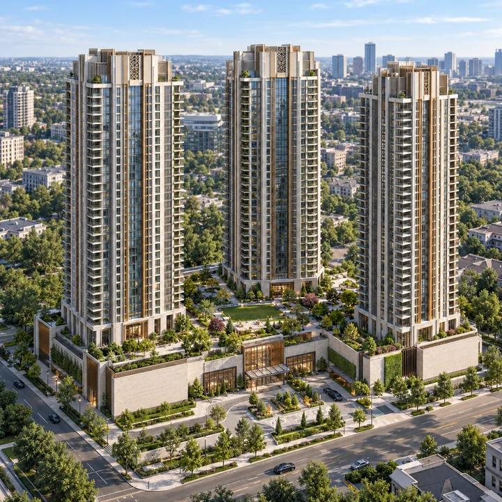 Abhee City Urban Glenn Phase I aerial view of Towers 4, 5 and 6 over the landscaped podium Abhee City Urban Glenn Phase I aerial view of Towers 4, 5 and 6 over the landscaped podium