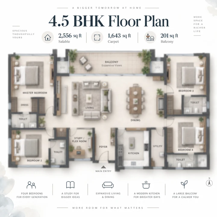 Abhee City Urban Glenn 4.5 BHK floor plan, 2,556 sq ft salable and 1,643 sq ft carpet Abhee City Urban Glenn 4.5 BHK floor plan, 2,556 sq ft salable and 1,643 sq ft carpet