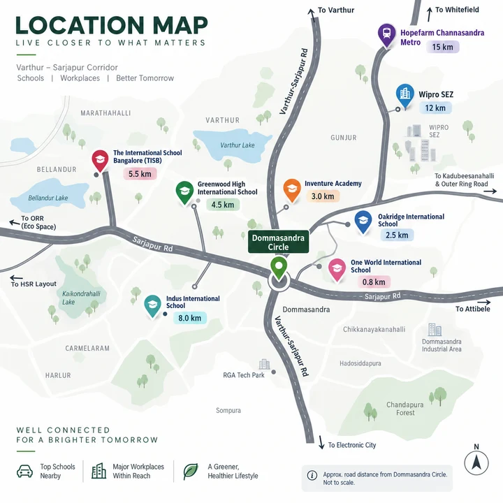 Abhee City Urban Glenn location map on Varthur-Sarjapur Road near Dommasandra Circle with nearby schools and offices Abhee City Urban Glenn location map on Varthur-Sarjapur Road near Dommasandra Circle with nearby schools and offices